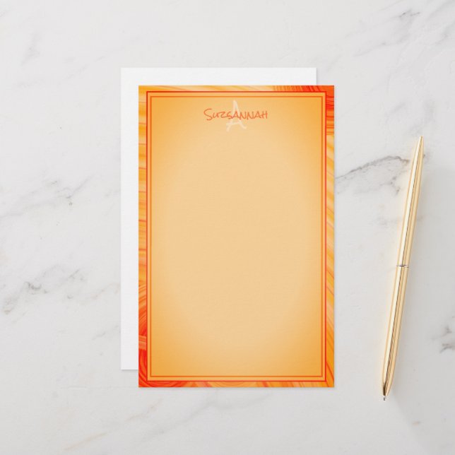 Custom Name Monogram  Orange Texture Border Stationery (Front/Back In Situ)