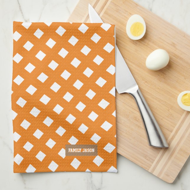 Custom name monogram orange white pattern diamonds tea towel (Quarter Fold)