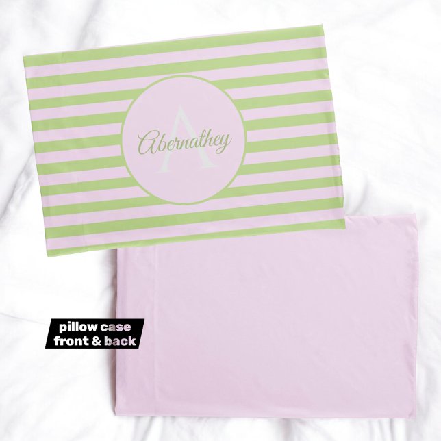 Custom Name Monogram Pastel Pink Green Striped Pillowcase (monogram and name template pillowcase front and complementary solid pink back)