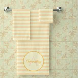 Custom Name Monogram Pastel Yellow Orange Striped Bath Towel Set