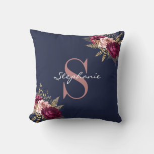 Custom Name Monogram Pink Burgundy Gold Floral Cushion