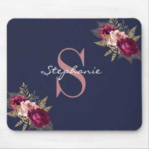 Custom Name Monogram Pink Burgundy Gold Floral Mouse Mat