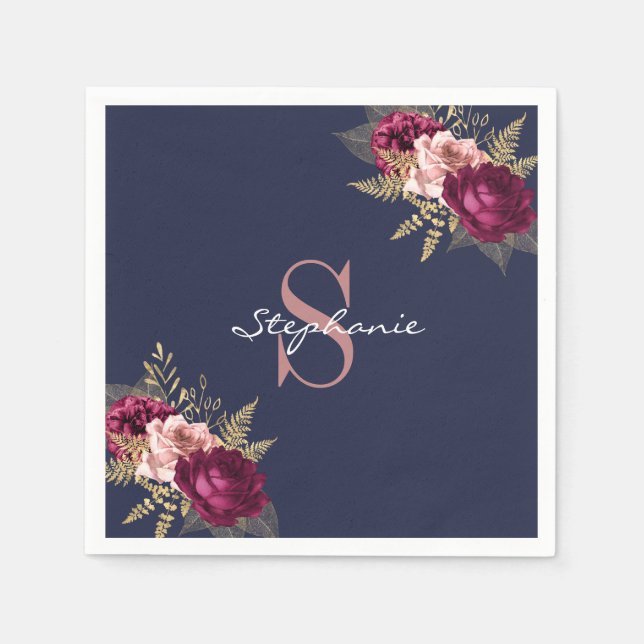 Custom Name Monogram Pink Burgundy Gold Floral Napkin (Front)