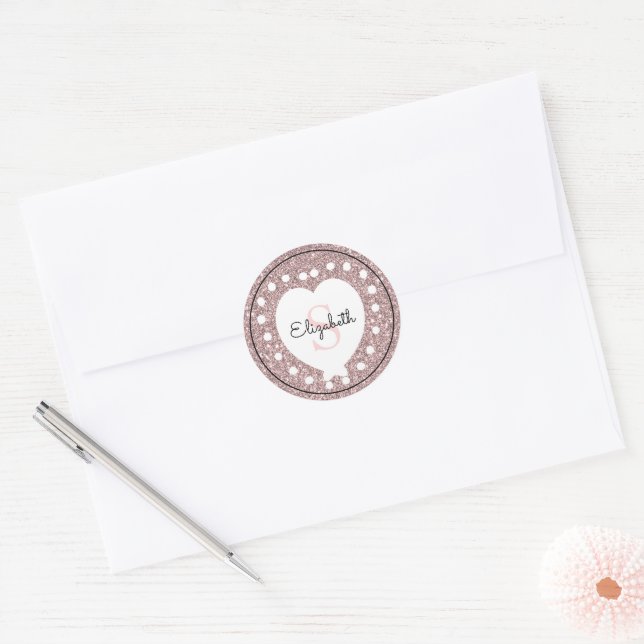 Custom Name Monogram Pink Glitter White Heart Classic Round Sticker (Envelope)