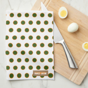 Custom name monogram polka dots white green orange tea towel