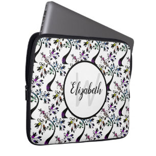 Custom Name Monogram Rainbow Floral Tree Pattern Laptop Sleeve