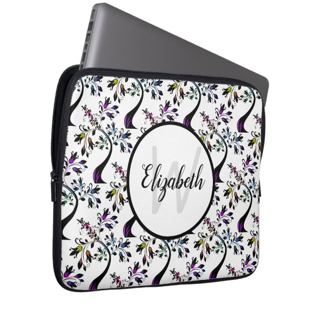 Custom Name Monogram Rainbow Floral Tree Pattern Laptop Sleeve (Front Right)
