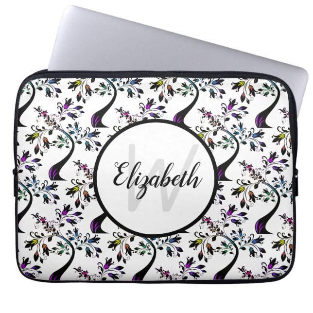 Custom Name Monogram Rainbow Floral Tree Pattern Laptop Sleeve (Front)