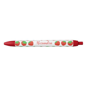 Custom Name Monogram Red Strawberry Blue Ink Pen