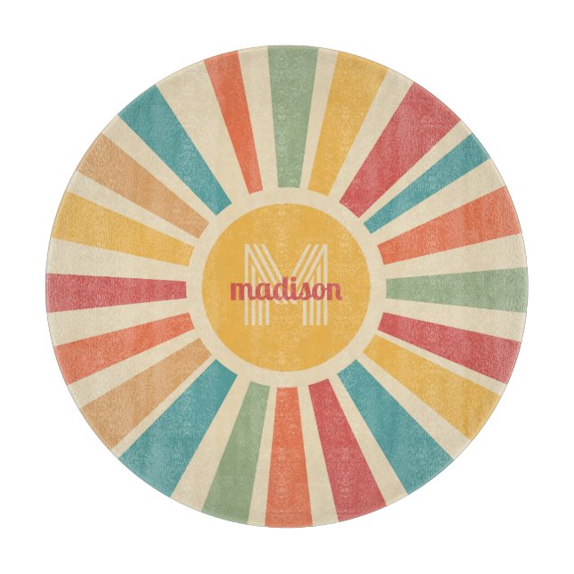 Custom Name & Monogram Retro Stripes Cutting Board (Front)