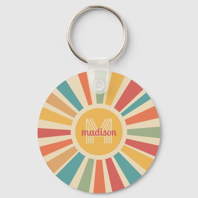 Custom Name & Monogram Retro Stripes Key Ring (Back)