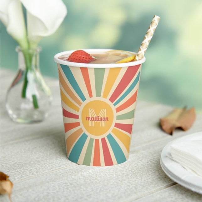 Custom Name & Monogram Retro Stripes Paper Cups (Insitu)