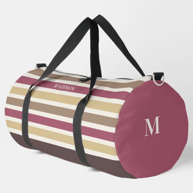 Custom Name & Monogram Retro Stripes Pattern Duffle Bag (Left Corner)