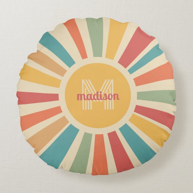 Custom Name & Monogram Retro Stripes Round Cushion (Front)