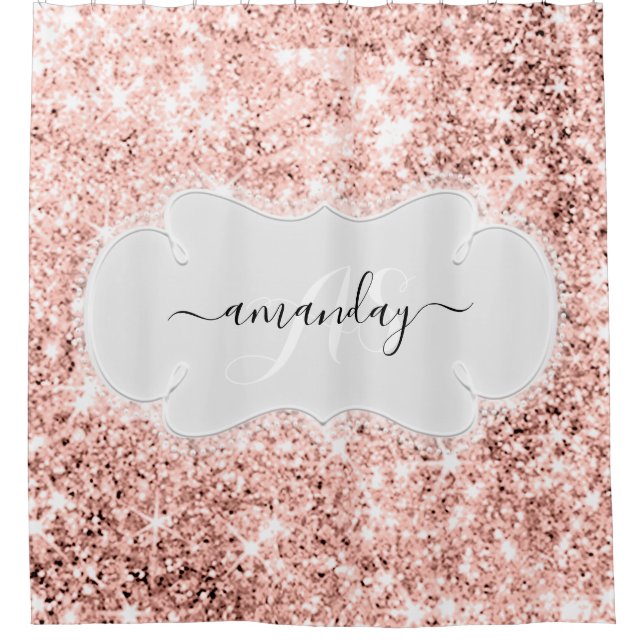 Custom Name Monogram Rose Gold Glitter Girly Shower Curtain (Front)