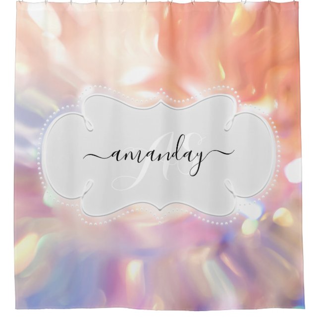 Custom Name Monogram Rose Holograph Girly Shower Curtain (Front)