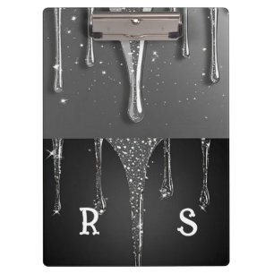 Custom name Monogram Silver Glitter Drips Clipboard