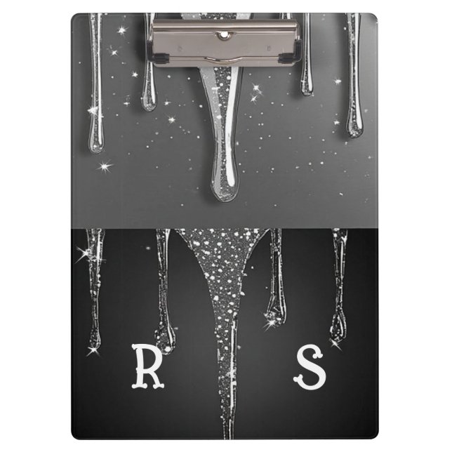 Custom name Monogram Silver Glitter Drips Clipboard (Front)