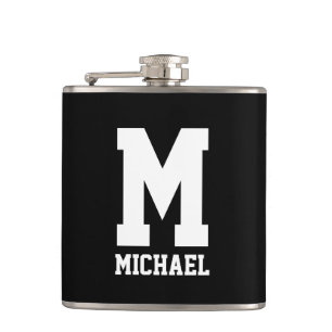 Custom name monogram small black and white hip flask