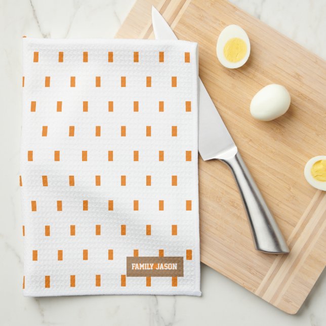 Custom name monogram squares dots white orange tea towel (Quarter Fold)