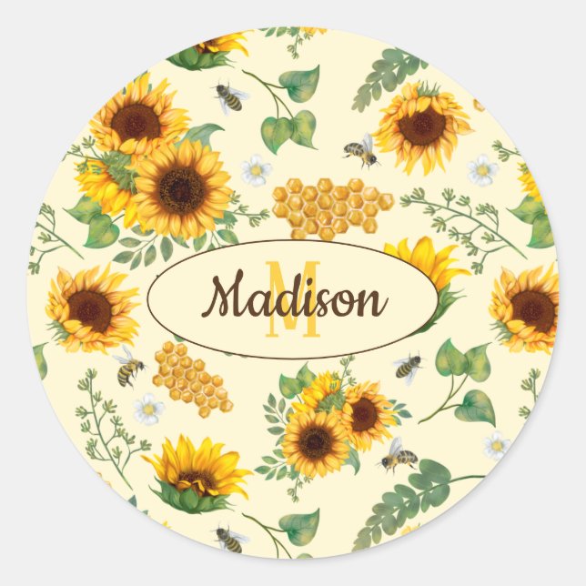 Custom Name Monogram Sticker Sunflowers Honey Bee (Front)