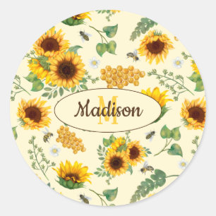 Custom Name Monogram Sticker Sunflowers Honey Bee