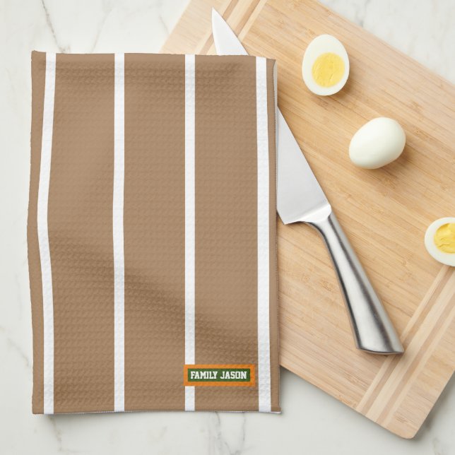Custom name monogram stripes brown white stylish tea towel (Quarter Fold)