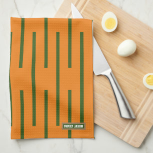 Custom name monogram stripes orange green stylish tea towel