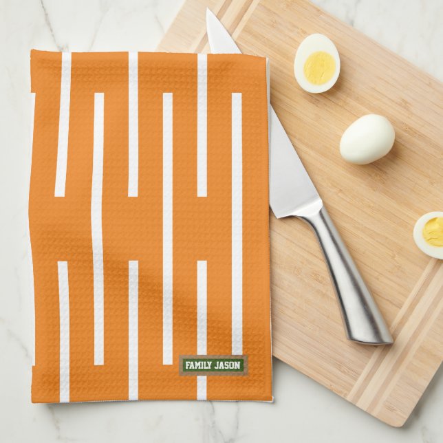 Custom name monogram stripes orange white stylish tea towel (Quarter Fold)