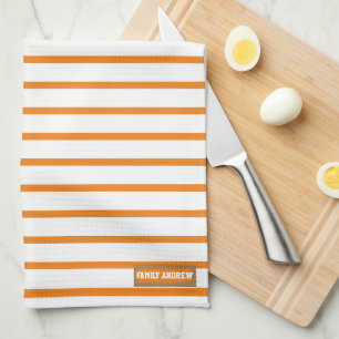 Custom name monogram  stripes pattern white orange tea towel