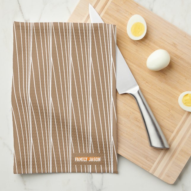 Custom name monogram stripes waves brown white tea towel (Quarter Fold)