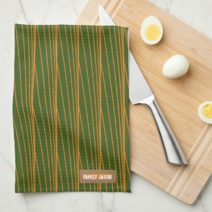 Custom name monogram stripes waves green orange tea towel