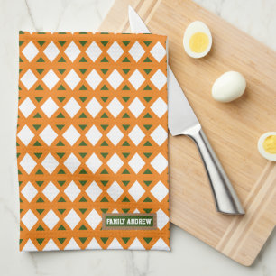 Custom name monogram stylish pattern orange green  tea towel