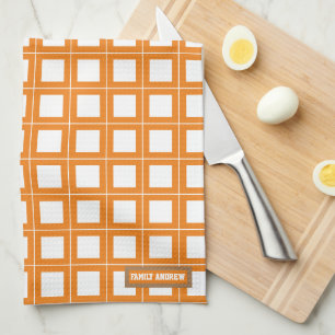 Custom name monogram stylish pattern white orange  tea towel