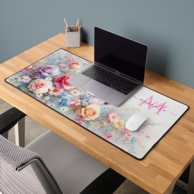 Custom Name Monogram Stylish Watercolor Floral Desk Mat (Office 2)