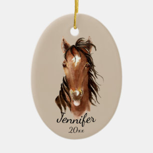 Custom Name, Monogram, Text Watercolor Horse Ceram Ceramic Tree Decoration