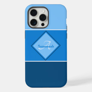 Custom Name Monogram Three Blue Ombre Stripes iPhone 15 Pro Max Case