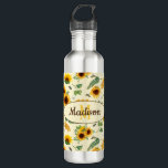 Custom Name Monogram Water Bottle Sunflowers Bees<br><div class="desc">Customisable name and monogram water bottle with a print of painted garden sunflowers,  honeycomb,  and honey bees,  yellow and green colours.</div>