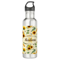 Custom Name Monogram Water Bottle Sunflowers Bees