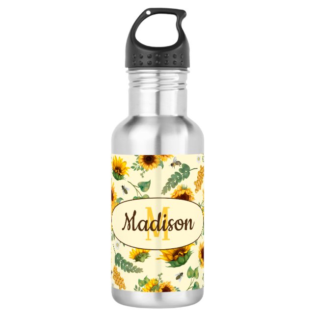 Custom Name Monogram Water Bottle Sunflowers Bees (Front)