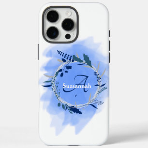 Custom Name Monogram Watercolor Blue Wreath iPhone 16 Pro Max Case