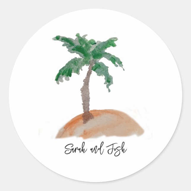 Custom Name Monogram Wedding Palm Tree Nautical Classic Round Sticker (Front)