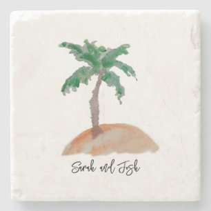 Custom Name Monogram Wedding Palm Tree Nautical Stone Coaster