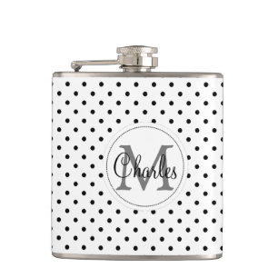 Custom Name Monogram.White And Black  Polka Dots Hip Flask