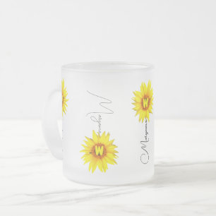 Custom Name & Monogram with Elegant Sunflower  Frosted Glass Coffee Mug