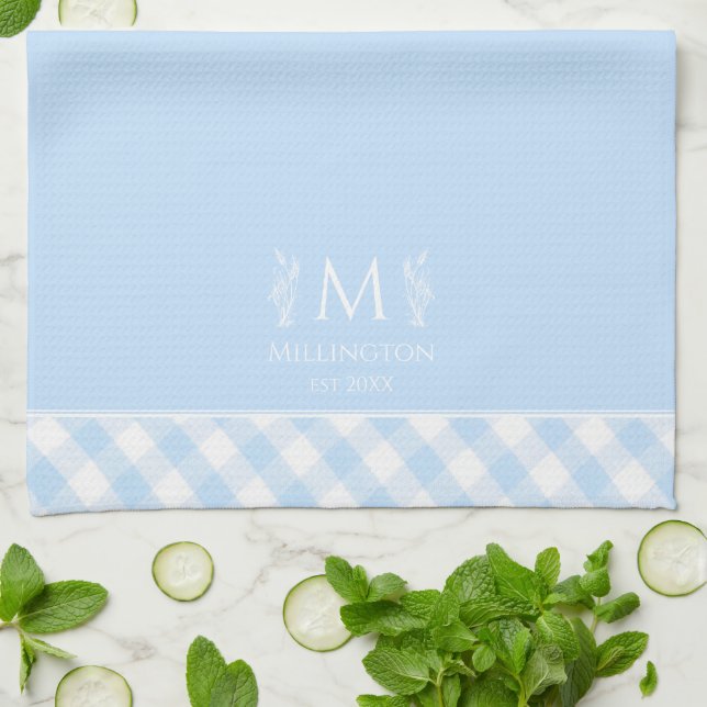 Custom Name Monogrammed Blue & White Gingham Tea Towel (Folded)
