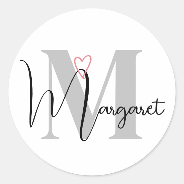 Custom Name Monogrammed Calligraphy Pink Heart  Classic Round Sticker (Front)