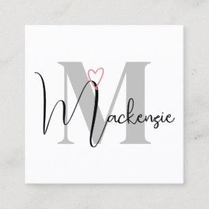 Custom Name Monogrammed Calligraphy Pink Heart Square Business Card