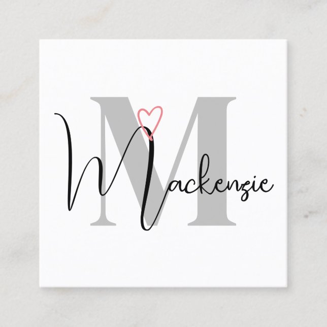 Custom Name Monogrammed Calligraphy Pink Heart  Square Business Card (Front)