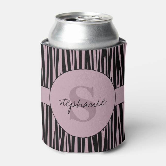 Custom Name Monogrammed Zebra stripes pattern Can Cooler (Can Front)